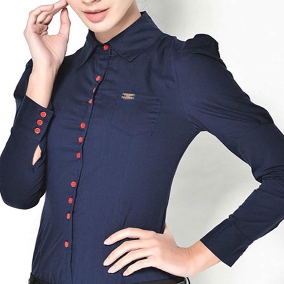 Unique KOJA Dressy Button Down Navy Blouse~Suit XL (See Size Chart) - Picture 2 of 12
